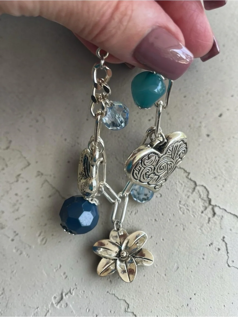 Chunky Silver Tone Heart Floral Charm Bracelet Blue Glass Beads